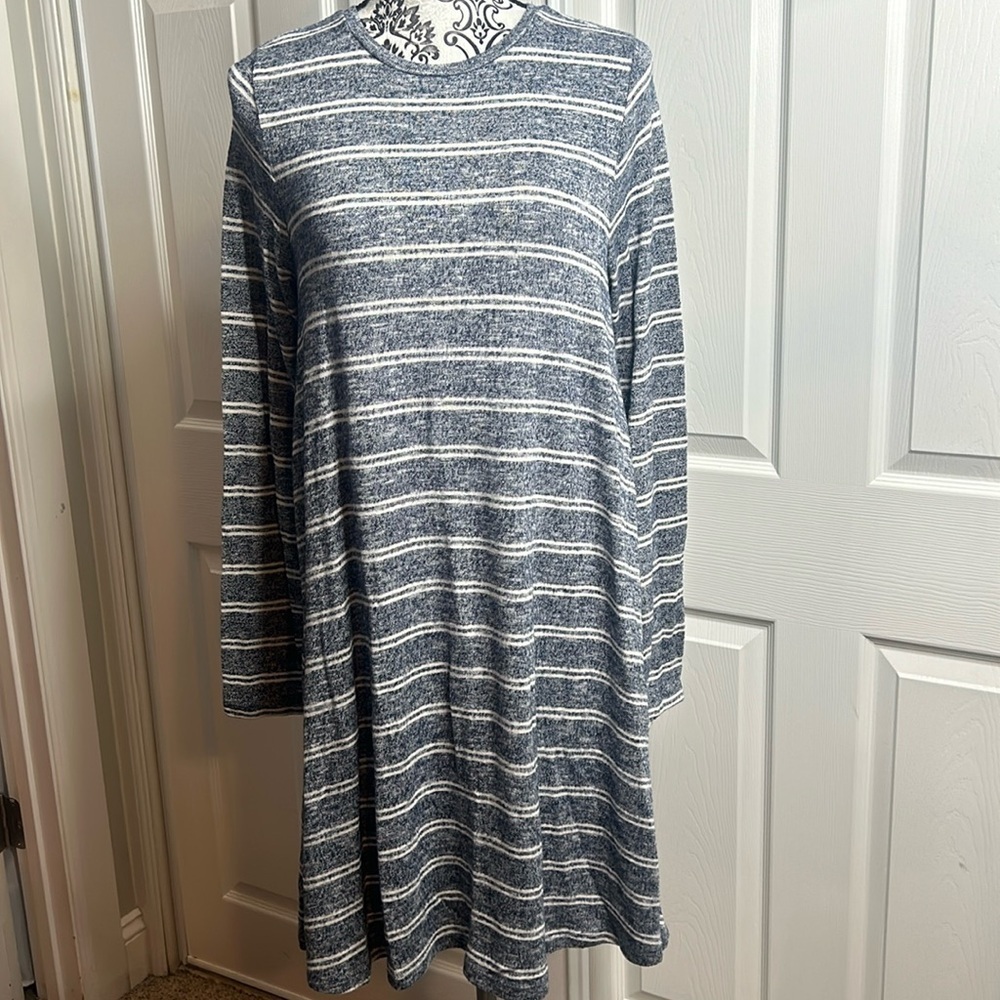 Lou & Grey Blue White Dress Long Sleeve Swing Dress Flowly M